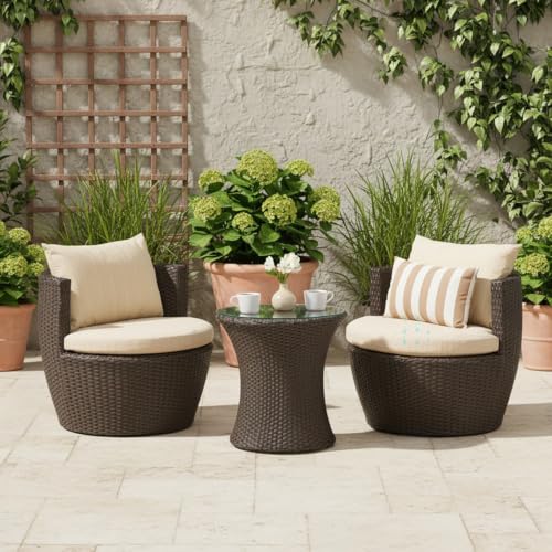 Hassyee 3 Pieces Wicker Bistro Set with Tempered Glass Table and 2 Armless Chairs for Poolside, Lawn, Outdoor Furniture Set with Aluminium Frame for Balcony, Backyard
