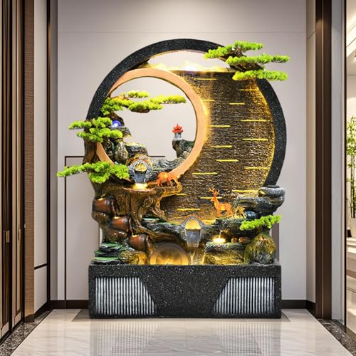 Indoor Outdoor Resin Fountain with LED Light Ring – Round Landscape Waterfall Feature with Pump, Bonsai & Gourd Decor – 6.07ft Tall Large Decorative Water Sculpture(A Large)(B Small)
