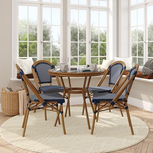 Flash Furniture Bordeaux Indoor/Outdoor Bistro Set - Tempered Glass Top Table with 4 Chairs - Navy & White Rattan/Natural Frame