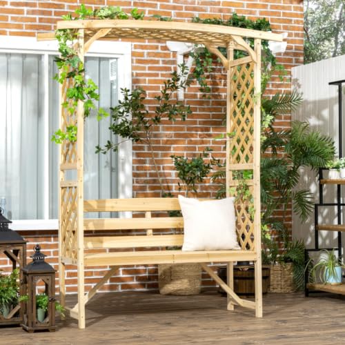 Garden Arbor Arch with Bench for Garden, Backyard, Park, Lawn, Outdoor 3 Seat Wooden Bench with 2-in-1 Design and Two Trellises & Pergola Top for Growing Flowers, Plants