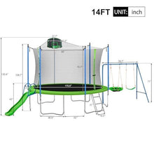 Roinoim 14FT Outdoor Trampoline with Swing, Slide, Basketball Hoop, Safety Enclosure, Ladder Green