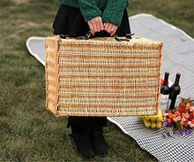 YRHH Rattan Picnic Basket with Lid, 4 Person Handmade Basket with Cutlery, Blue Fruit and Vegetables, for Outdoor Outings, Camping and Hiking