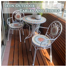 Outdoor Round Side Table with Chairs, Ceramic Top Table with Metal Frame