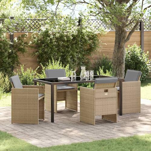 Molumvel 5 Piece Garden Dining Set with Poly Rattan Table and 4 Chairs, Beige Patio Furniture for Outdoor Backyard, Porch, and Deck Seating