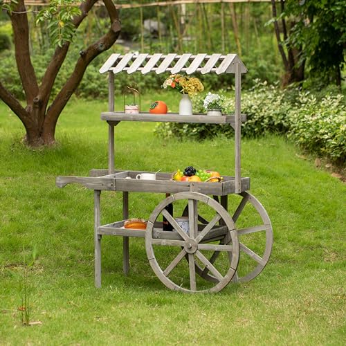 Antique Rustic Solid Wood Decor Display Rack Cart Wood Plant Stand 3 Tier with Wheels for Display, Wood Wagon with Shelves for Plants and More