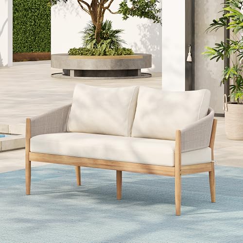 Christopher Knight Home Katarina Patio Acacia Wood Loveseat Furniture, Outdoor Loveseat Sofa with Comfy Fabric Cushions, 2-Seater Sofa with Handwoven Rope Backrest for Garden, Light Brown+Beige