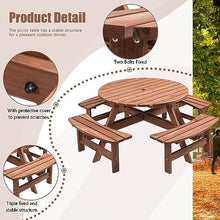 Thanaddo 8-Person Outdoor Circular Wooden Picnic Table, Camping Dining Table w/ 4 Built-in Benches, Outside Table Set with Umbrella Hole, 2220lb Capacity for Garden Patio Backyard - Brown