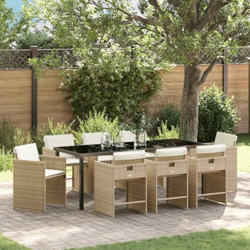 LPERTGFHU 9-Piece Poly Rattan Garden Dining Set, Patio Furniture with Table and 8 Chairs, Beige Outdoor Seating for Backyard