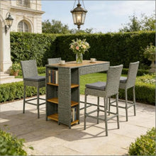 Hassyee 5 Pieces Wicker Bar Set with Acacia Wood Bar Table and Washable Cushions for Poolside, Lawn, Outdoor Furniture Set with Three Tier Shelves for Garden, Balcony (Grey)