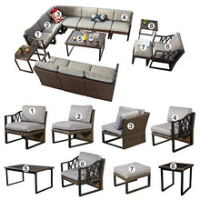 Festival Depot 15Pc Outdoor Patio Conversation Set with Sectional Corner Sofa, Wicker Ottoman, Metal Frame, and Grey Cushions