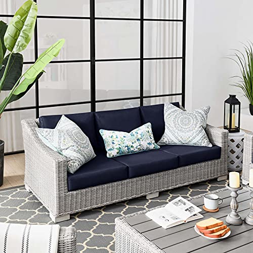 Conway Outdoor Patio Wicker Rattan Sofa in Light Gray Navy