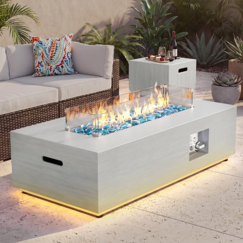 42" Rectangular Outdoor Propane Fire Pit Table with LED for Outside Patio