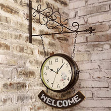 Wall Clock, Outdoor Garden Wall Clock, Large Double Sided Arabic Numerals Station Clock Wrought Iron Garden Clock with Welcome Sign Waterproof Outdoor Clock Indoor Outdoor Decoration Outside，