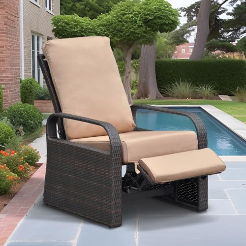 ATR ART TO REAL Outdoor Wicker Recliner Chair with 5.5'' Cushions, Automatic Adjustable Patio Lounge Chairs, Aluminum Frame Reclining Chair for Lawn Backyard Porch Poolside Deck (Khaki)
