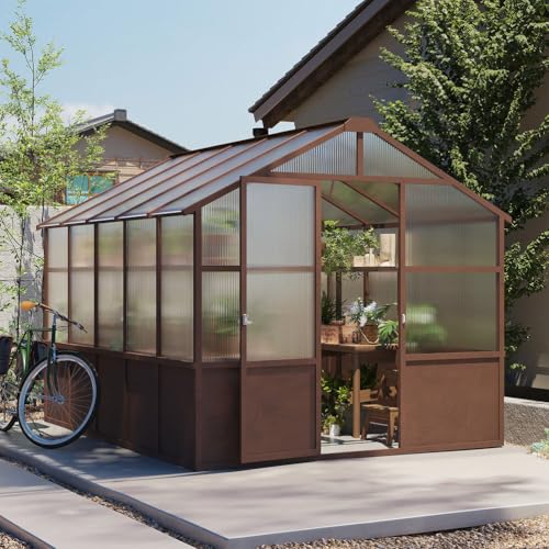 8x10 FT Wooden Greenhouse, Walk-in Polycarbonate Greenhouse with 6MM Panels, Adjustable Roof Vent, Lockable Door, Backyard Garden Green House for Outdoor Growing, Brown