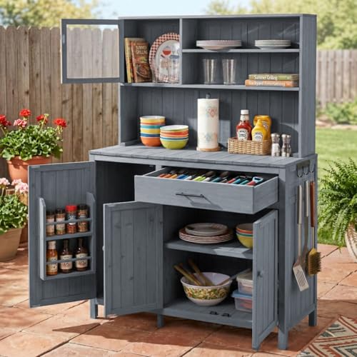 Modern Potting Bench with Hutch, 65" H Solid Fir Wood Garden Workstation, Large Countertop, Patio Kitchen Island with Adjustable Shelves, Spice Rack, Side Hook and Drawer (Gray)