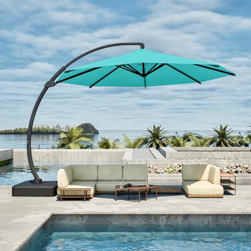 Patio Kingdom 12FT Cantilever Umbrella with Base Large Curvy Outdoor Aluminum Offset Umbrella w/ 360° Rotation, UV Resistant Canopy for Patio, Garden, Backyard, Turquoise Blue