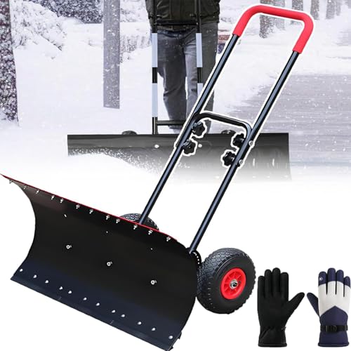 DPQYJPP Snow Shovel for Driveway, Push Snow Shovels Outdoor Snowplow Snow Pusher Anti Slip Wheels 42cm Shovel Head 360° Adjustable ice Snow Removal Tool for Driveway & Walkway