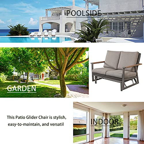 LOKATSE HOME Patio Glider Loveseat Steel Frame 2-Person Bench with Rattan Backrest Grey Cushion
