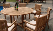 WholesaleTeakFurniture Grade-A Teak Wood 6 Seater 7 Pc Grade-A Teak Wood Dining Set: 60" Round Table and 6 Giva Arm/Captain Chairs #WFDSGV6