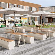 MJJRWF Outdoor Table and Chair Set with Sun Umbrella, WPC Table with 2 Benches for Coffee Shop/Restaurant/Backyard – Family Dining Patio Furniture(White,140x70x75cm)