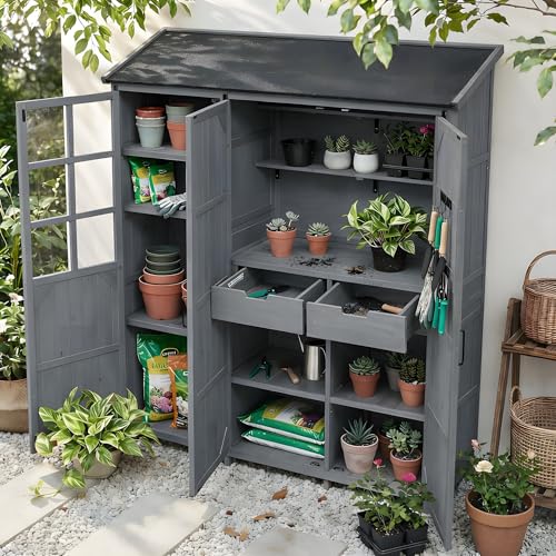 Merax Potting Bench with Hutch,71.6" H Solid Fir Wood Garden Workstation, 7 Storage Shelves, 2 Drawers and 6 Hooks for Backyard, Gray