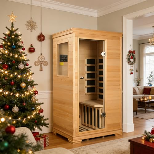 INFRADELUX 1-Person Indoor Sauna, Hemlock Wood Home Sauna with Low-EMF Infrared Panels, 960W/120V Personal Sauna, Bluetooth Speaker, Vent & Reading Light, 35×27×61 Inch