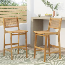 Christopher Knight Home Merry Patio Acacia Wood Bar Stool Set of 2, Counter Height Barstool Set for Bar Table,Handwoven Wicker Kitchen Island Dining Chair,Wooden Counter Stool with Footrest,Light Teak
