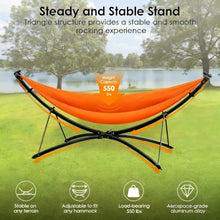 Portable Outdoor Hammock with Sturdy Folding Stand, Adjustable Canopy Shade, and Carry Bag for Backyard, Camping, Beach, or Garden Use (Black + Aluminium Alloy + Nylon + Steel)