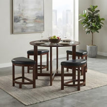 Furnifact Wood and Glass Top Round Counter Height Dining Table with 4 Faux Leather Stools, High Top Pub Table Set for 4, Brown