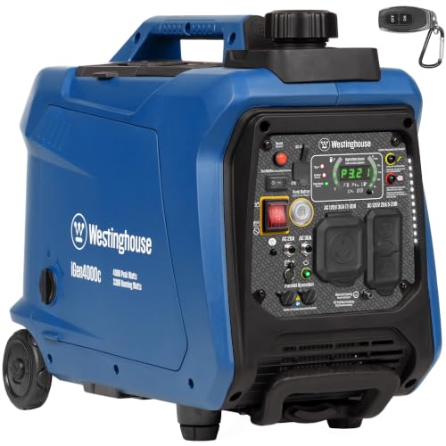 Westinghouse 4000 Peak Watt Super Quiet Portable Inverter Generator, Remote Electric Start with Auto Choke, RV Ready 30A Outlet, Gas Powered, CO Sensor, Parallel Capable