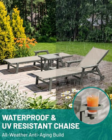 PLUUV Outdoor Pool Chaise Lounge Chairs Set of 4 with Cup Holder, Khaki