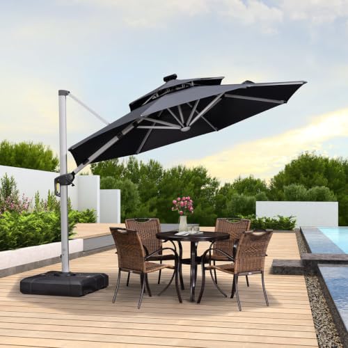 OROTLECT 120'' Double Top Solar Powered LED Lighted Round Cantilever Umbrella With Base,Gray