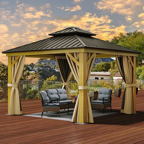 YITAHOME 10x10ft Hardtop Gazebo with Netting and Curtains, Brown