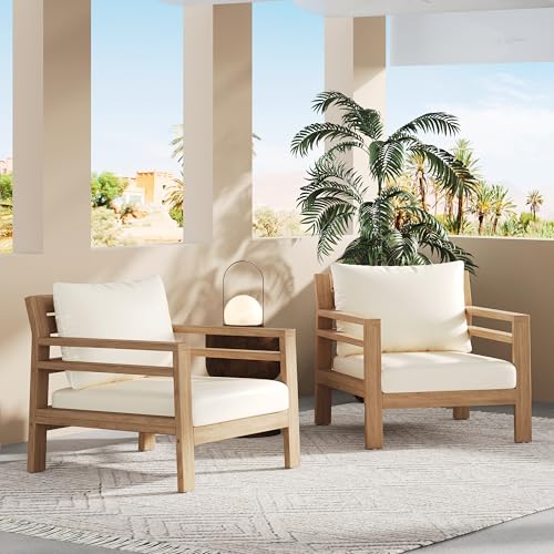 Christopher Knight Home Jamaia Outdoor Acacia Wood Club Chair Set of 2, Patio Armchair with Thick Beige Cushions, Deep Seating Furniture for Garden, Porch, Backyard, Balcony, Light Teak Finish, Beige