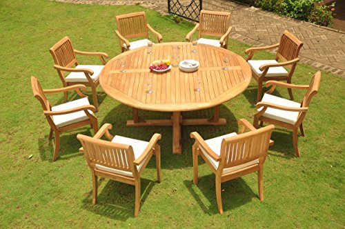 WholesaleTeak 9Pc Grade-A Teak Wood Dining Set 72" Round Dining Table & 8 Arbor Stacking Arm/Captain Chairs #WHDSAB62