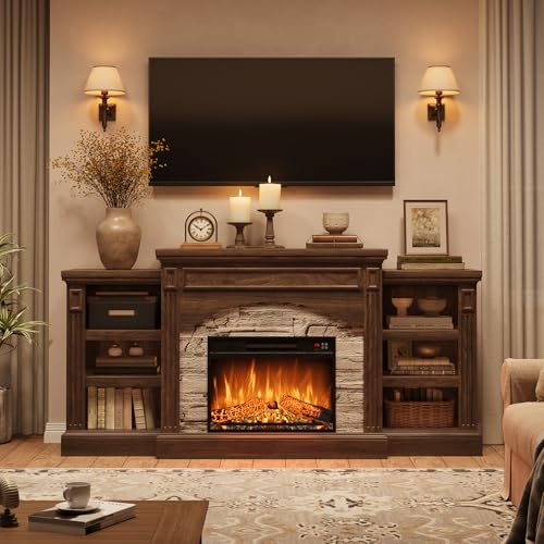 Homhougo Fireplace TV Stand for 80", Farmhouse Wood Entertainment Center