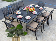 Patio Land Nassau Outdoor Cast Aluminum 9-Piece Dining Set with 46x86 Rectangular Table (8 Stationary Chairs, Sunbrella-Linen-Sesasme)