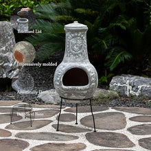 Outdoor Clay Chiminea Fireplace Sun Design Wood Burning Fire Pit with Sturdy Metal Stand, Barbecue, Cocktail Party, Cozy Nights Fire Pit, Gray