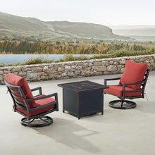 Oakland Living Black Aluminum Patio Fire Table Bistro Set with Two Club Chairs with Red Cushions