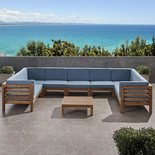 Great Deal Furniture GDFStudio Outdoor 9 Seater Acacia Wood Sectional Sofa Set, Teak Finish and Blue