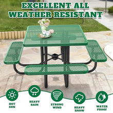 46" Square Top Outdoor Picnic Table Set for Up to 8 Persons, Outside Table Set with 4 Built-in Benches, Metal Commercial-Grade Dining Furniture with Umbrella Hole for Garden, Backyard, Porch, Green