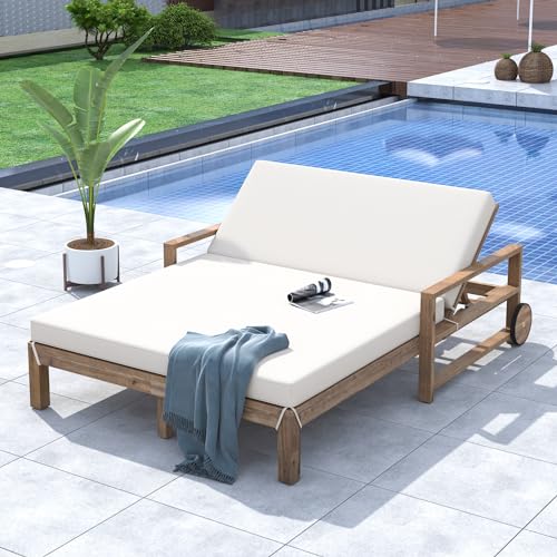 Merax 4-Position Adjustable Outdoor Double Chaise Lounge Chair for 2 Persons, Wooden Sunbed Daybed with Beige Cushion and Wheels, Farmhouse-Styled, Beige