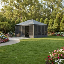 DuraYu 13'(W) x 16.5'(L) Outdoor Sunroom Aluminum Hardtop Gazebo with Galvanized Steel Roof, PVC Screen Walls and Sliding Doors, Gray