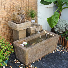 Stone Tiered Water Fountain with Basin and Natural Rock Accents – Outdoor Zen Water Feature for Garden or Patio(B 2)