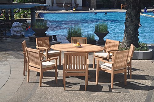 WholesaleTeak 8-Piece Grade-A Teak Wood Dining Set with 60" Round Table and 8 Stacking Arm Chairs Teak