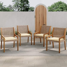 Seeheool Outdoor Dining Chair Set-Acacia Wood and Wicker with Cream Cushion Patio Furniture-Teak Finish & Wicke Brown,Suitable for Large Gatherings-Set of 4(N770P272397G(2-Box))