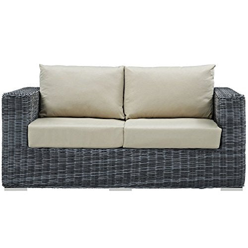 Modway Summon Wicker Rattan Outdoor Patio Sunbrella Loveseat in Canvas Antique Beige