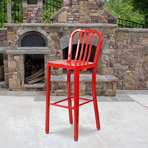 BizChair 2 Pack 30" High Red Metal Indoor-Outdoor Barstool with Vertical Slat Back