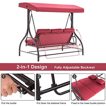 MCombo 3-Seat Outdoor Patio Swing Chair, 2-in-1 Convertible Porch Swing Glider Chair with Removable Cushions, Adjustable Canopy & Pillows for Backyard, Deck, Garden, 4068 (Burgundy)